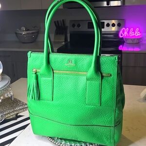 Kate Spade Rare Green Pebbled Leather Tassle Satchel Tote Bag Used Once 15x13